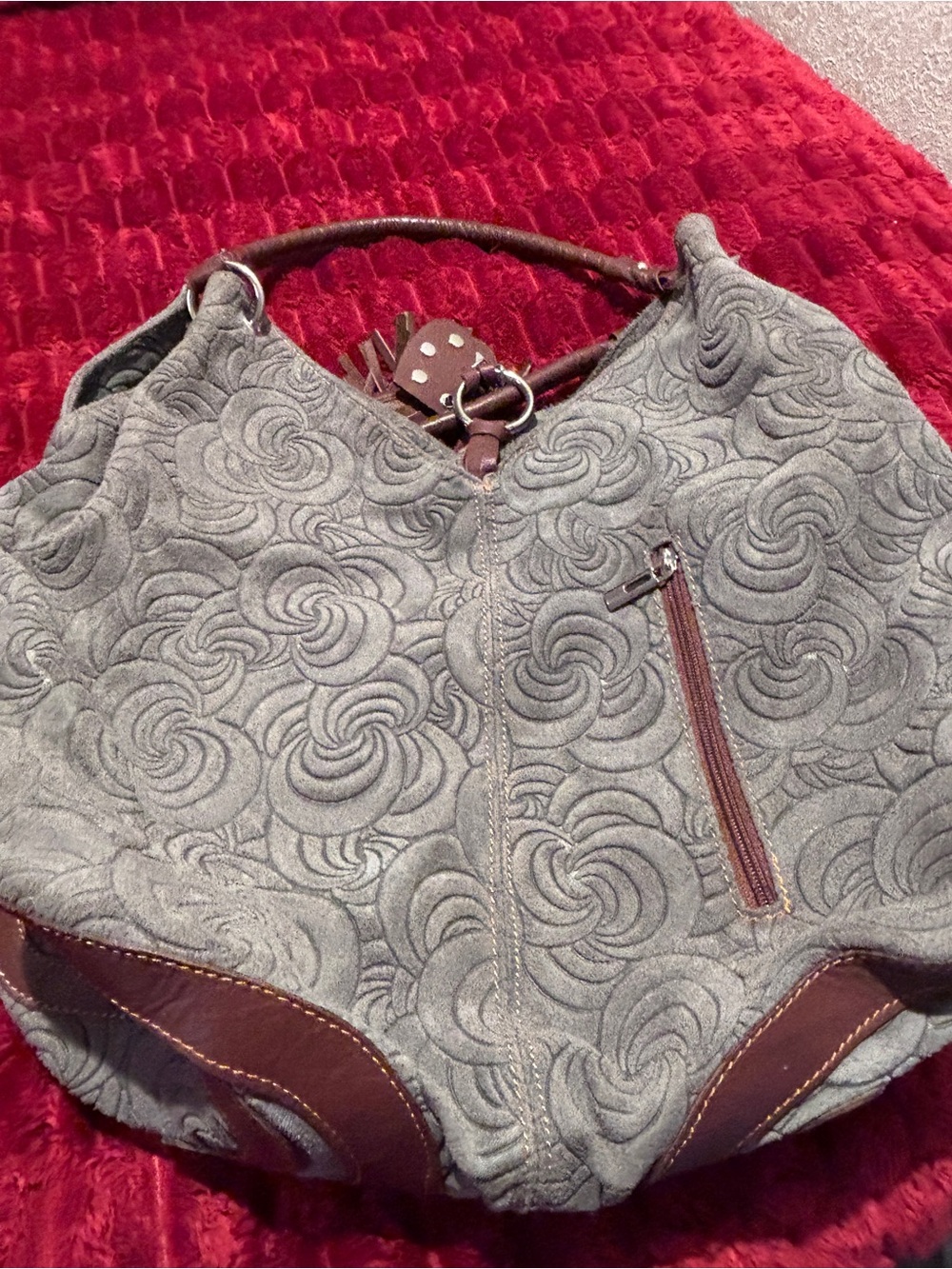 Italian Leather Bag Gray Embossed Shoulder Hobo Bag with Brown Leather Swirls - Picture 7 of 13